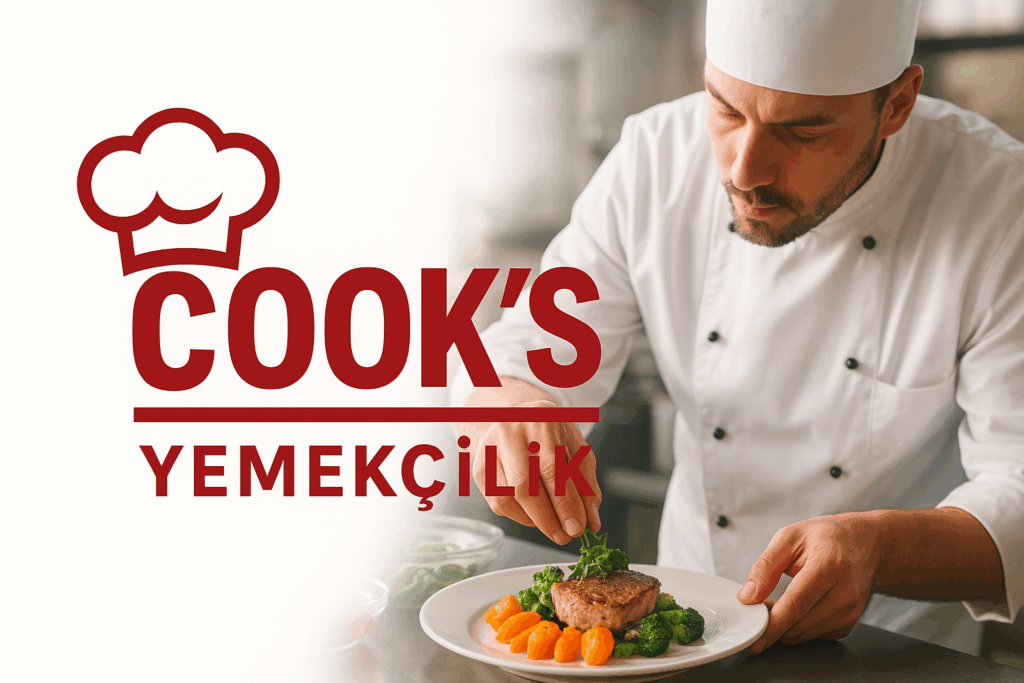 Şefin tabak süslediği profesyonel mutfakta Cook’s Yemekçilik görseli