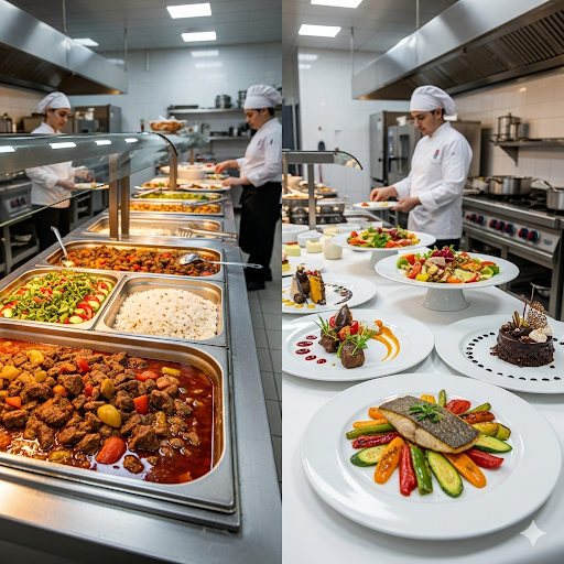 Cook's Yemekçilik mutfağında hazırlanan zengin menü. Solda, etli güveç, pirinç pilavı ve salata gibi tabldot yemekleri servis edilirken, sağda profesyonel şefler, modern bir sunumla özel davetler için porsiyonlanmış somon ve tatlılar hazırlıyor.