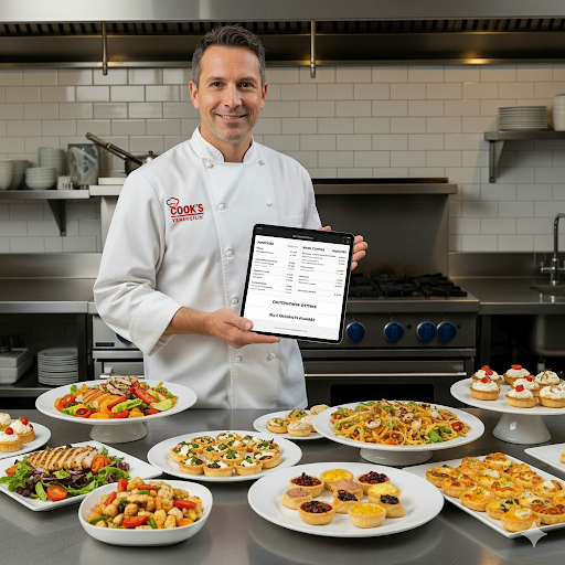 Cook's Yemekçilik'ten bir aşçı, elinde menü ve fiyat listesi gösteren bir tabletle, temiz ve modern bir mutfakta duruyor. Çevresinde çeşitli, kaliteli ve çekici görünen tabldot yemekleri ve catering menüleri bulunuyor. Mersin toplu yemek fiyatları için profesyonel çözümler sunuluyor.