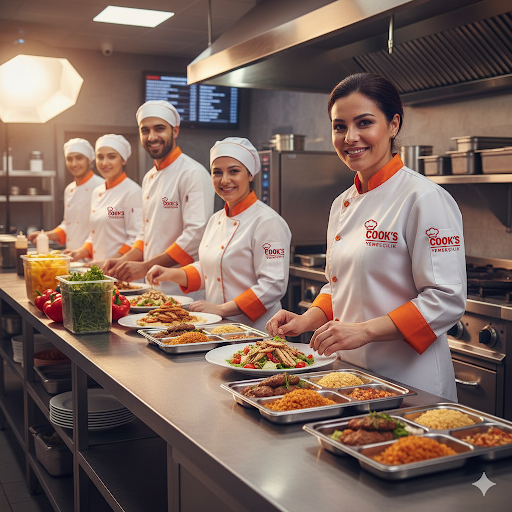 Cook's Yemekçilik ekibi, Mersin'deki modern ve hijyenik mutfaklarında güler yüzle tabldot yemekleri hazırlıyor. Şefler, taze malzemelerle özenle hazırlanmış Türk yemeklerini (köfte, pilav, salata gibi) servis tepsilerine yerleştirirken görülüyor. Kurumsal yemek hizmetleri ve catering kalitesi vurgulanıyor.